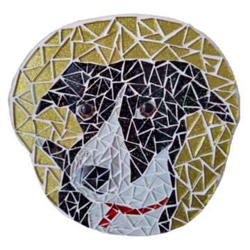 Mosaic of a black and white dog with a gold background