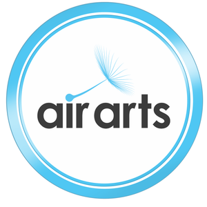 A circular logo with a light blue outer ring, white center, a dandelion graphic in light blue, and the word 'airarts' in dark gray text.