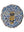 Circular mosaic wall art featuring a stylized bee design. Crafted with glittery black, gold and silver glass pieces on an iridescent blue background, set on rustic wood.