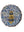 Circular mosaic wall art featuring a stylized bee design. Crafted with glittery black, gold and silver glass pieces on an iridescent blue background, set on rustic wood.