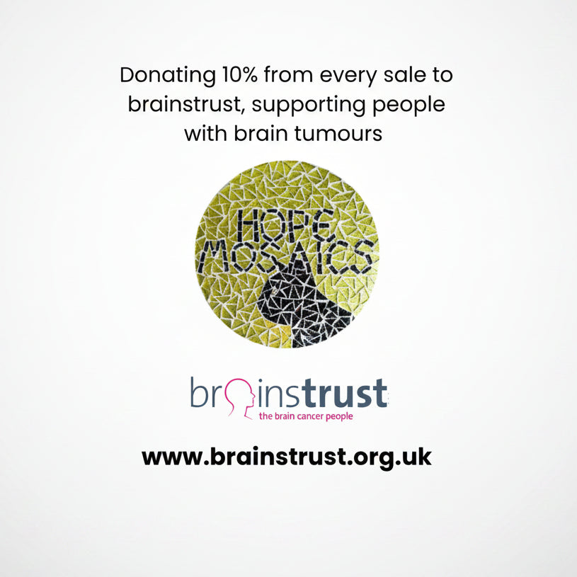 A promotional graphic with the text 'Donating 10% from every sale to brainstrust, supporting people with brain tumours' above a circular mosaic logo reading 'HOPE MOSAICS' in black and gold, and the brainstrust name and website below on a white background.