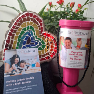 A pink Brainstrust collection box shown alongside a heart-shaped mosaic and a Brainstrust booklet with a plant in the background.