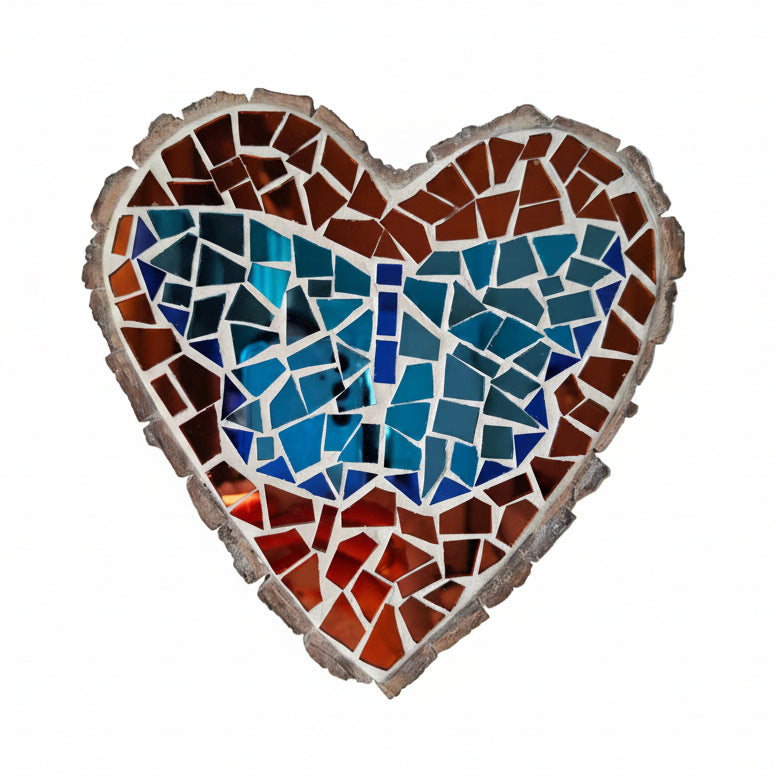 Heart shaped mosaic wall art featuring a stylized butterfly design. Crafted with reflective blue mirror glass pieces on a bronze mirror background, set on rustic wood.