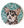 Circular mosaic wall art featuring a stylized dog design. Crafted with gold-dusted bronze and brown glass pieces on a gold-dusted aqua background, set on rustic wood.