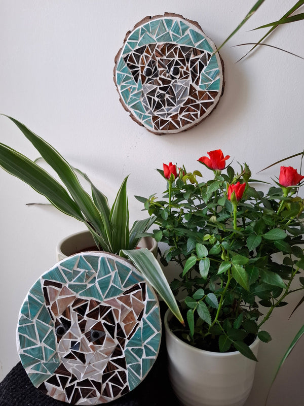 Dog mosaics on the wall surrounded by plants
