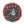Circular mosaic wall art featuring a stylized dog design. Crafted with glittery black and white glass pieces on an glittery red background, set on rustic wood.