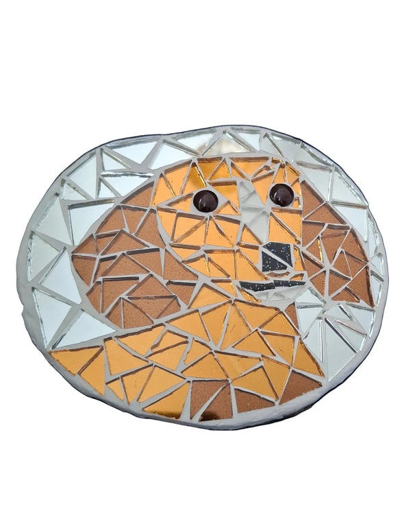 Circular mosaic wall art featuring a stylized dog design. Crafted with reflective bronze, brown and gold mirror glass pieces on a reflective silver mirror background, set on rustic wood.