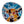 Circular mosaic wall art featuring a stylized highland cow design. Crafted with orange and brown stained glass pieces on a blue background, set on rustic wood.

