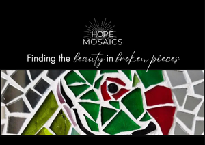 Promotional graphic for Hope Mosaics featuring the brand name and tagline 'Finding the beauty in broken pieces' above a close-up of a colorful parakeet mosaic design with green, red, black, white, and silver pieces.