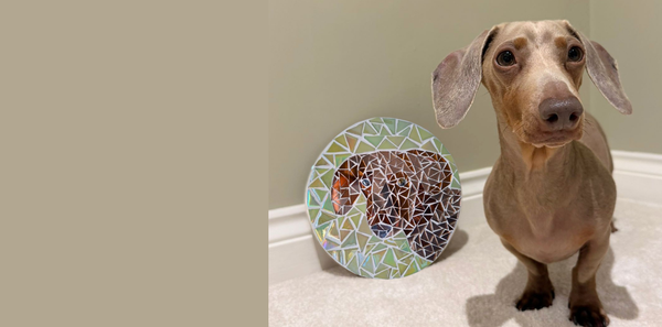 A dachshund stands on a carpeted floor next to a round mosaic pet portrait showing a brown dachshund.