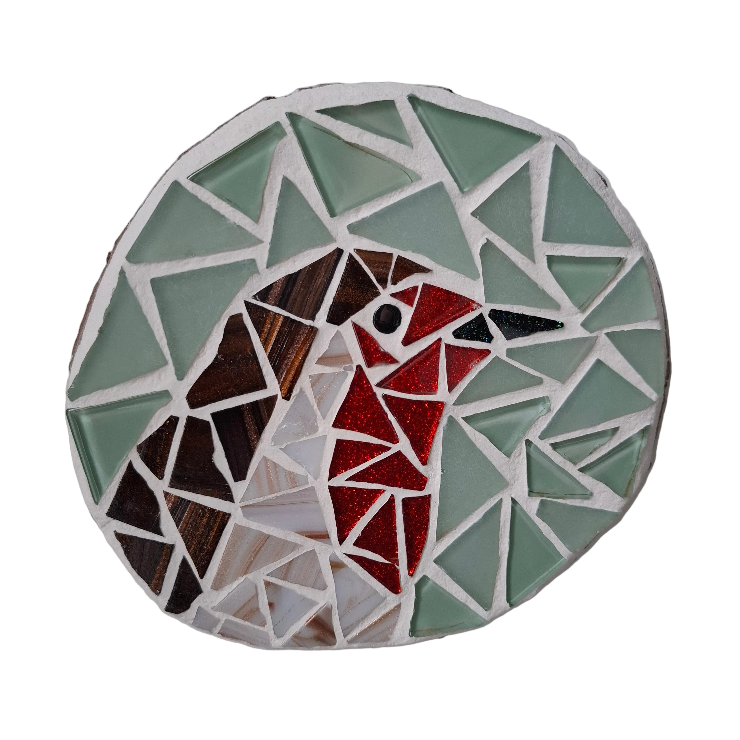 Circular mosaic wall art featuring a stylized robin design. Crafted with white, red, and brown glass pieces on a frosted aqua background, set on rustic wood.
