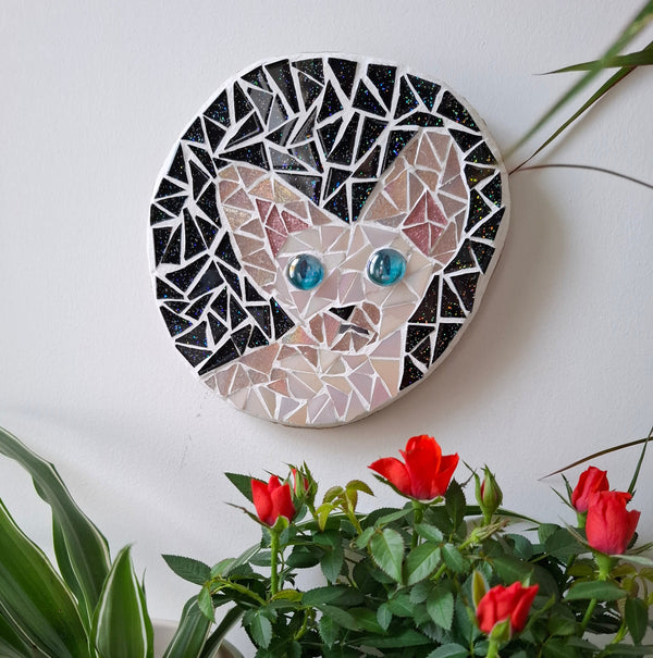 Cat mosaic on the wall surrounded by plants

