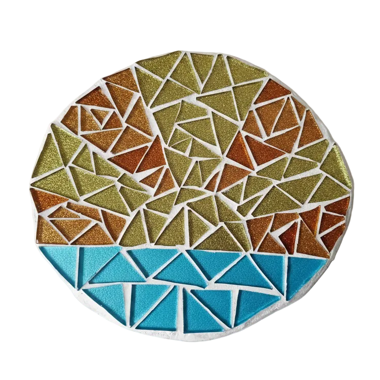 Circular mosaic wall art featuring a stylized sunrise design. Crafted with glittery gold, orange and blue glass pieces, set on rustic wood.