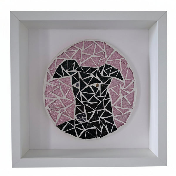 A square framed mosaic wall art piece featuring a stylized dog head in black and pink geometric tiles on a white backing.