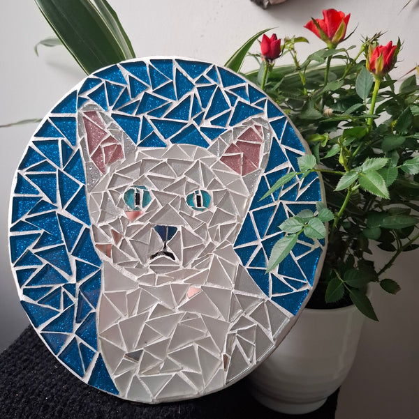 Circular mosaic wall art featuring a stylized cat design. Crafted with glittery white, silver and pink glass pieces on a sparkly blue background, set on rustic wood. Displayed on a wall in a room with plants to show how beautiful the piece is in a home. 