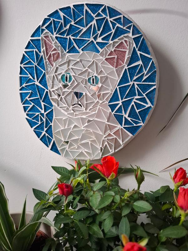 Circular mosaic wall art featuring a stylized cat design. Crafted with glittery white, silver and pink glass pieces on a sparkly blue background, set on rustic wood. Displayed on a wall in a room with plants.