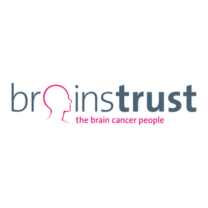 The logo for 'braintrust' featuring a stylized pink brain silhouette forming the letter 'o' in 'brain', with the words 'the brain cancer people' written in pink underneath, all on a plain white background.